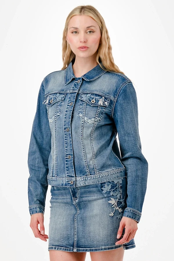 Elegant Floral Embroidery Detail Denim Jacket