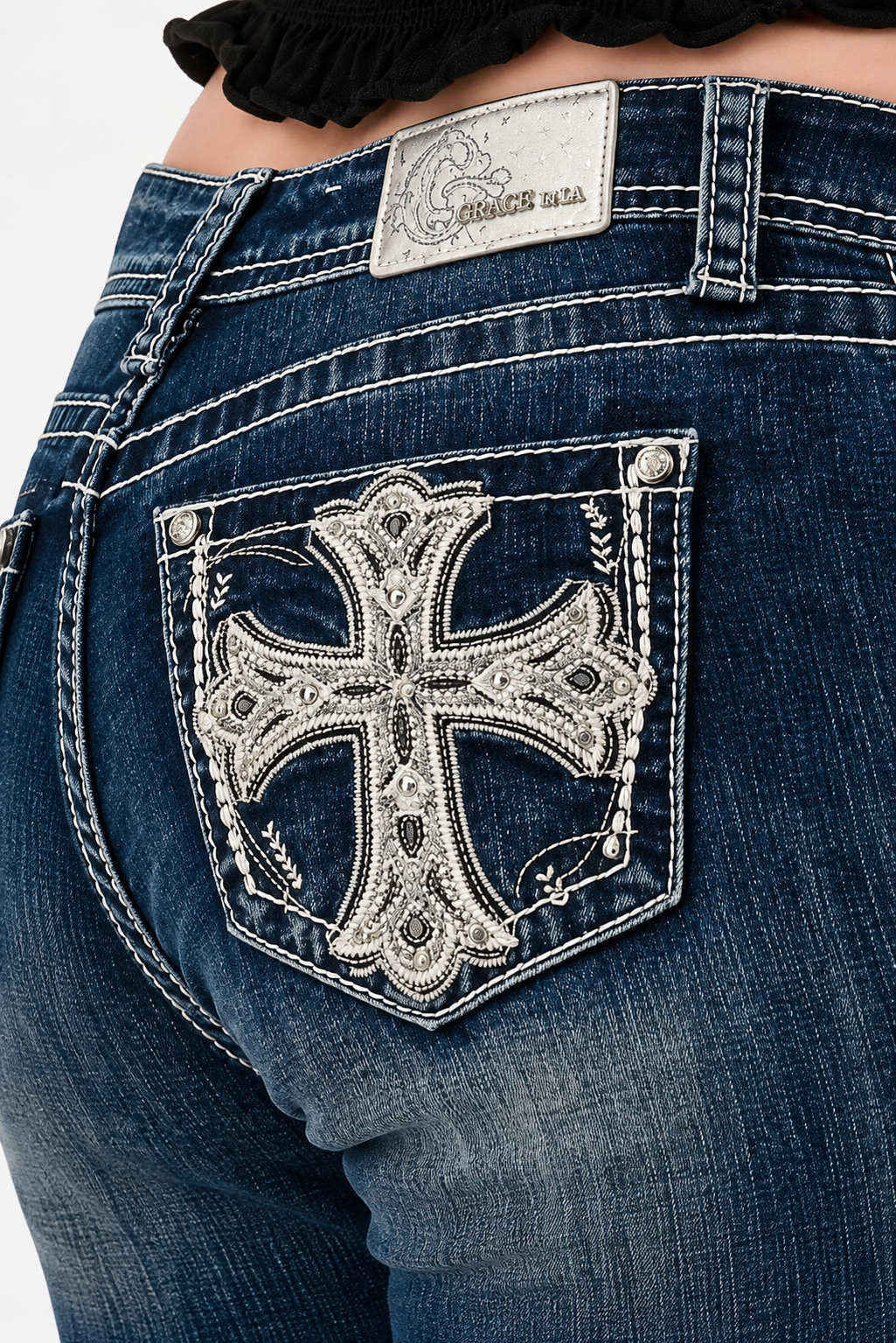 Grace In LA Indigo Cross Mid-Rise Boot Cut Jeans 32"