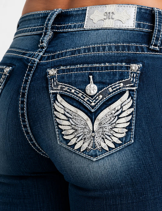 Miss Me Sparkle Angel Wing Mid-Rise Bootcut Jeans 32"