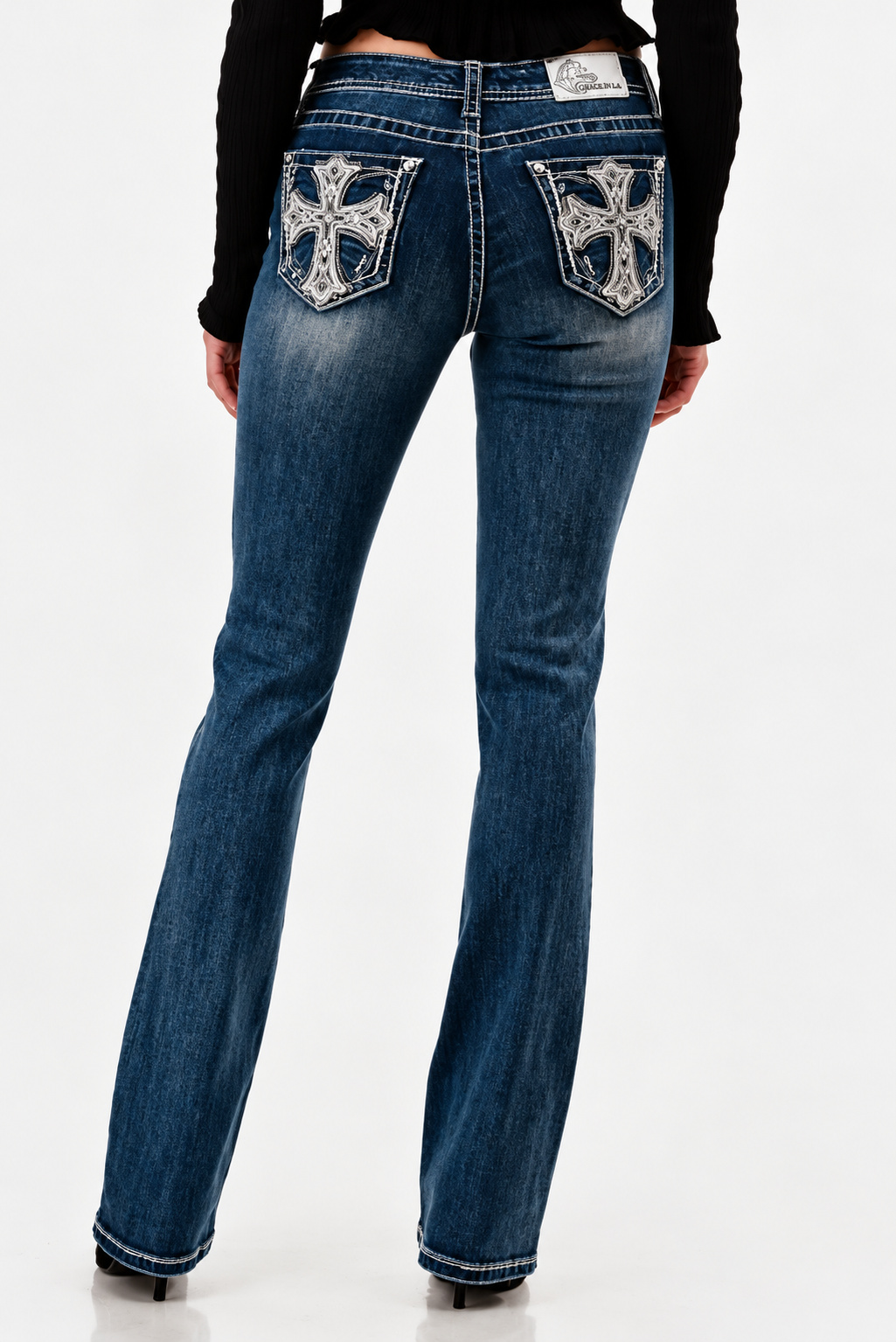 Grace In LA Indigo Cross Mid-Rise Boot Cut Jeans 32"