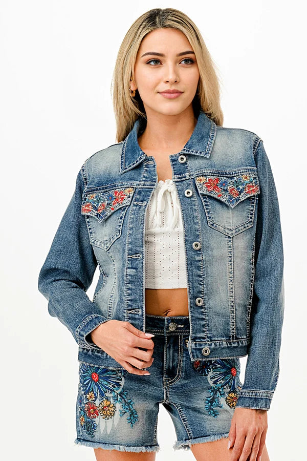 Floral Embroidery Detail Denim Jacket