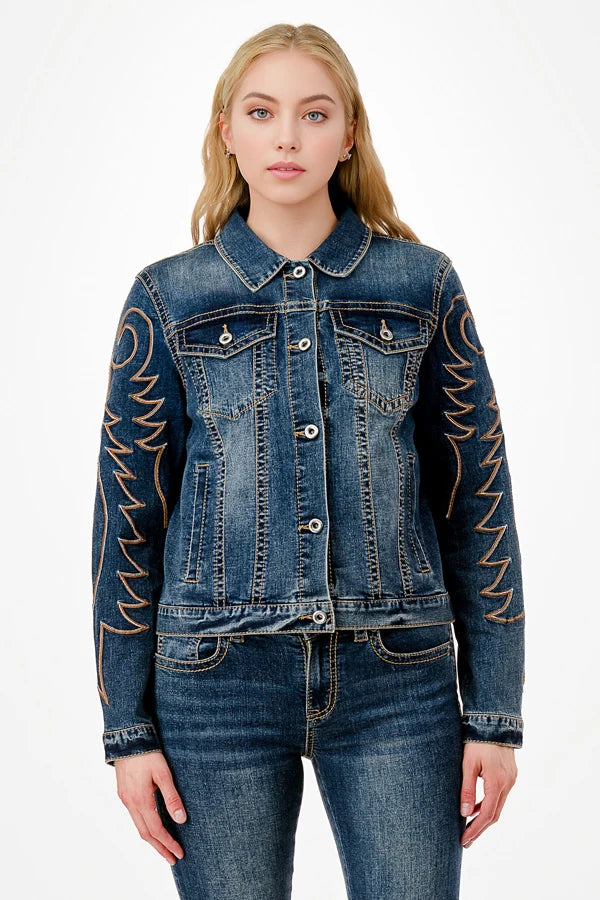 Flame Stitch Embroidery Denim Jacket