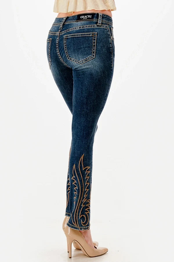 Grace in LA Flame Stitch Detail Straight Leg Jeans 30"