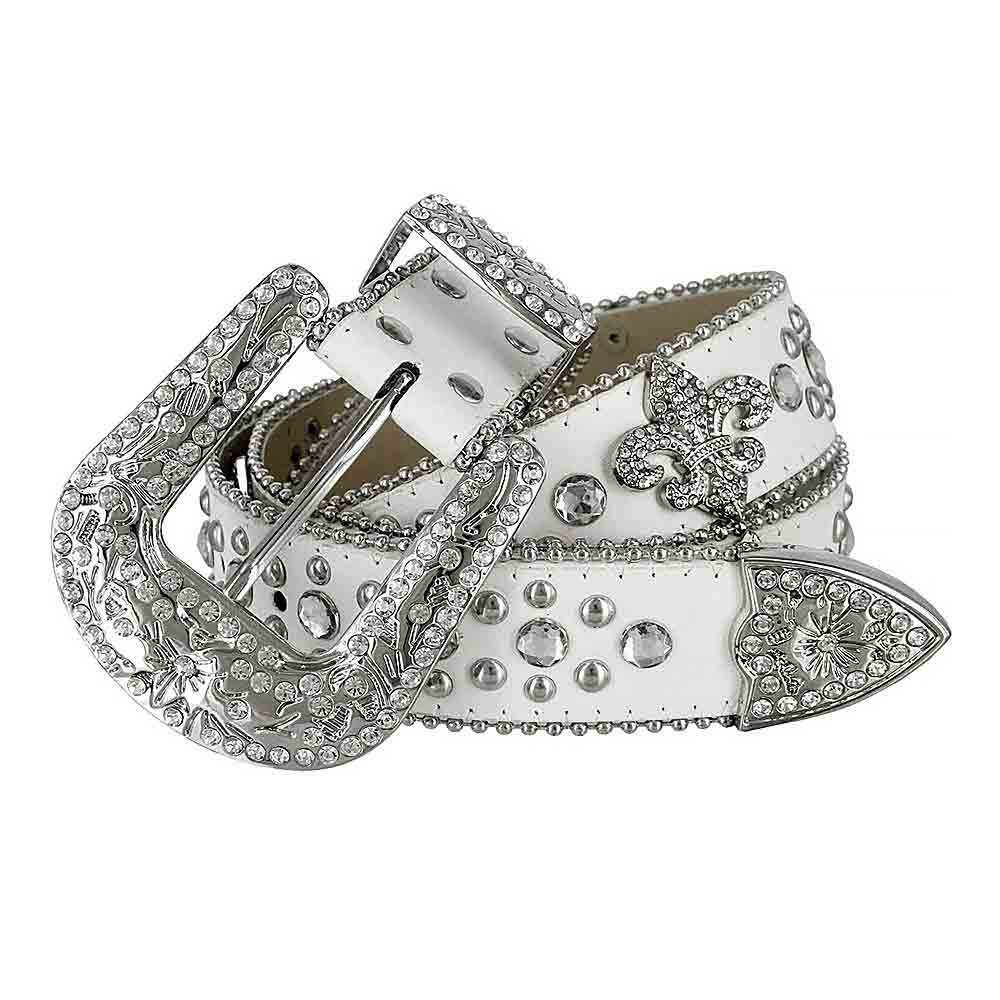 Y2K White Fleur De Lys with Studs and White Stones Studded Rhinestones Belt