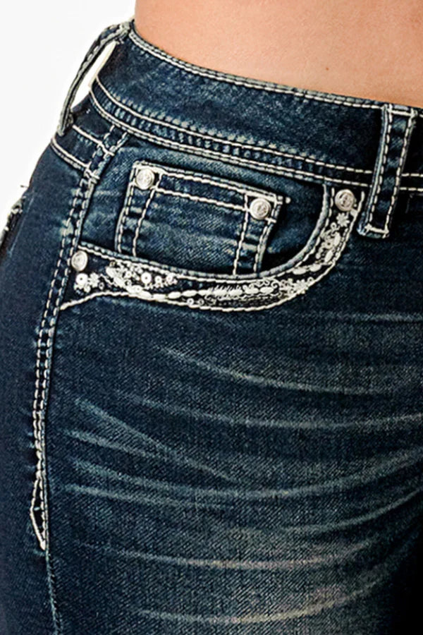 Grace In LA Silver Heart Embroidered Pocket Boot Cut Jeans 34"