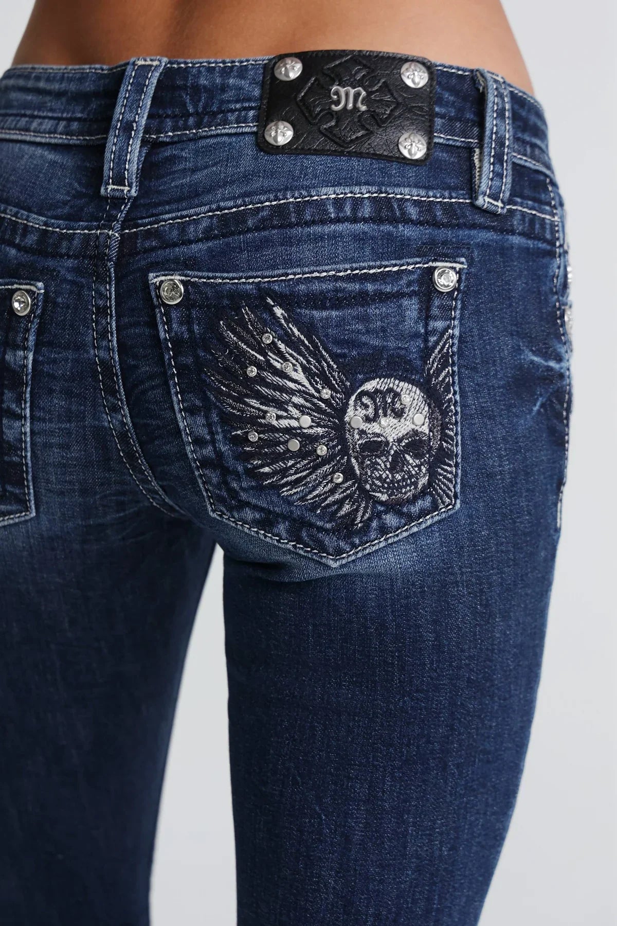 Miss Me Skull Sparkle Low Rise Bootcut Jeans 32"