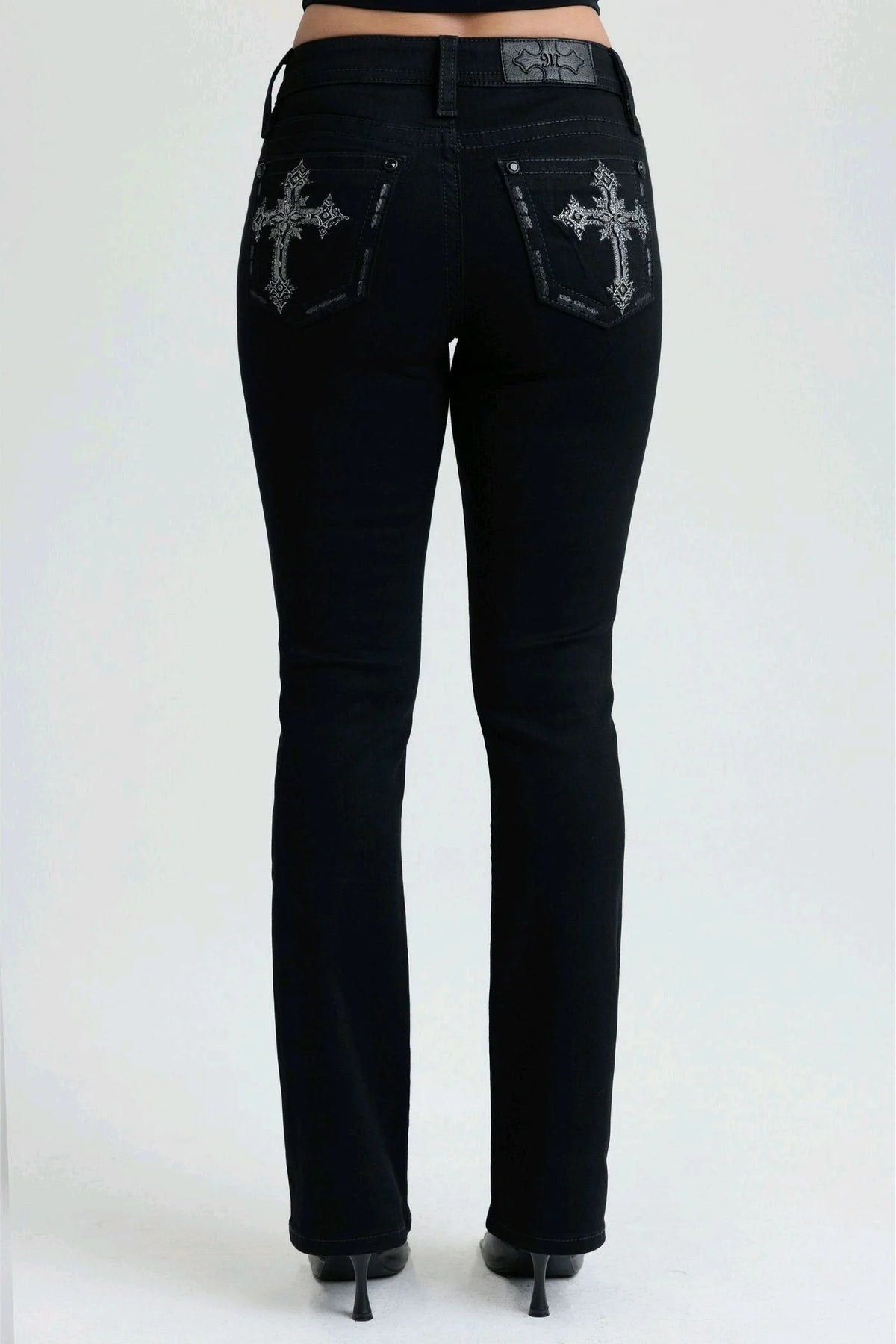 Miss Me Black Cross Mid-Rise Bootcut Jeans 30"