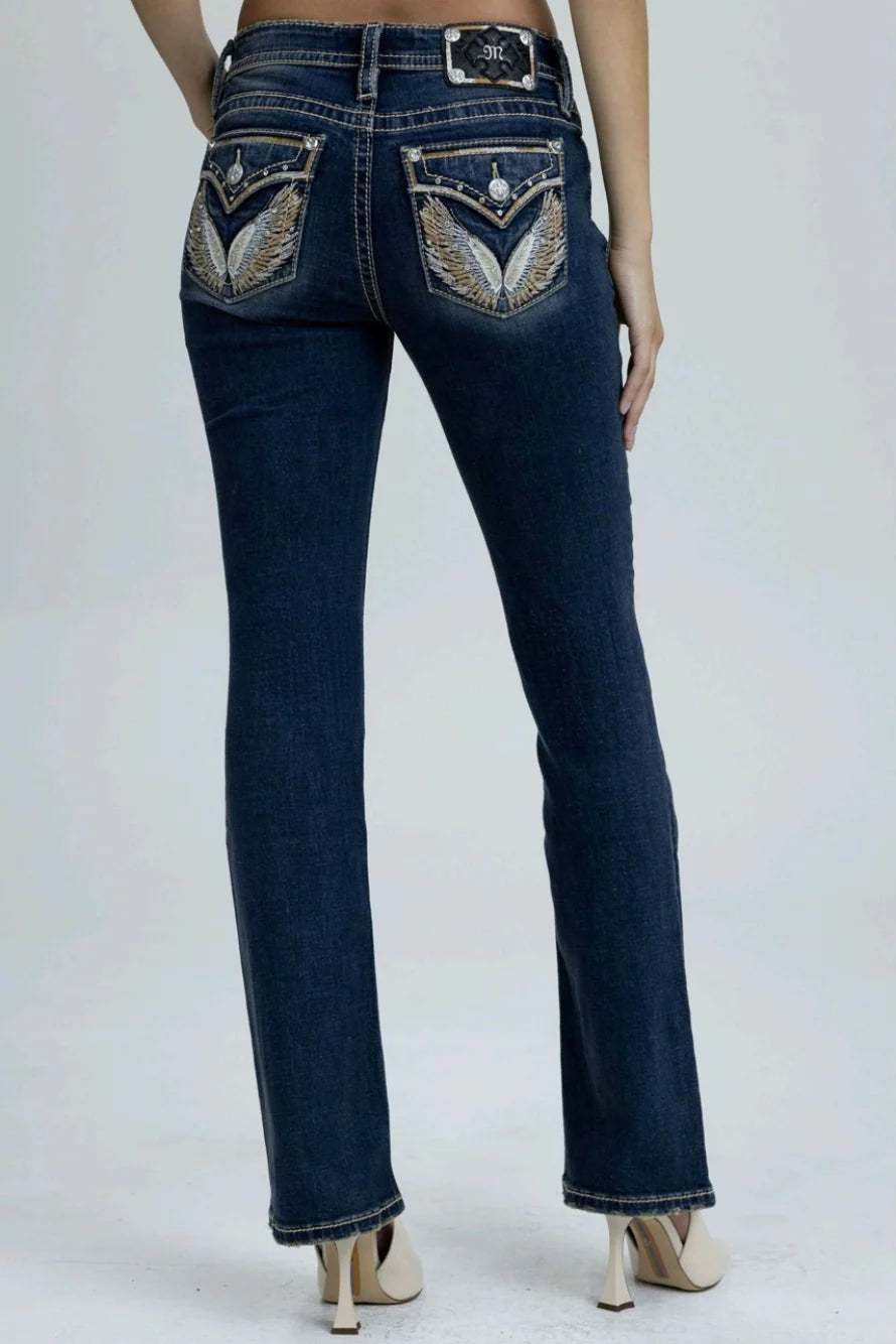 Miss Me Crystal Angel Wing Mid-Rise Boot Cut Jeans 30"