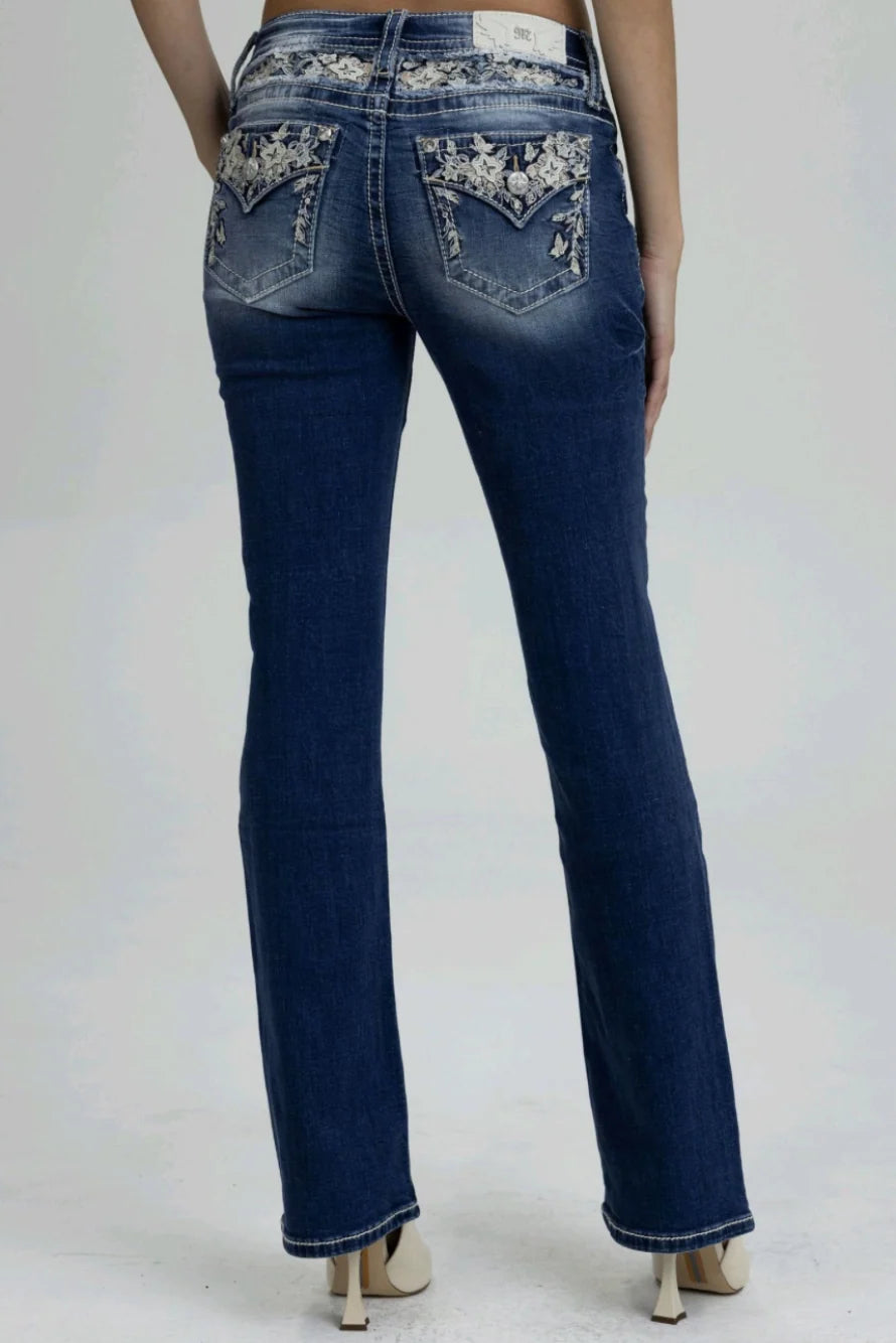 Miss Me Floral Sparkle Mid-Rise Boot Cut Jeans 30"
