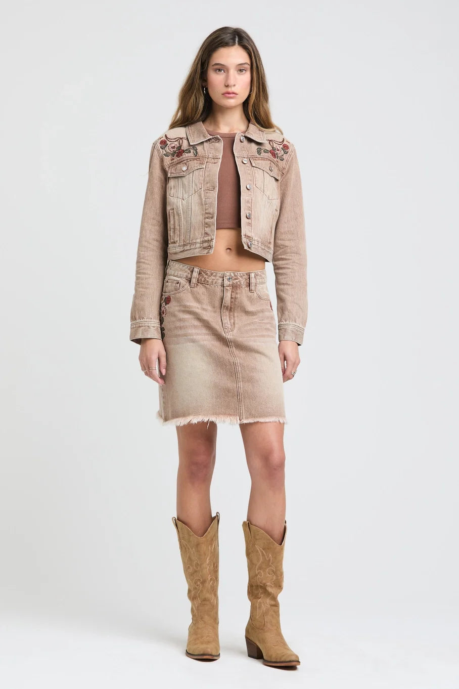 Western Embroidery Camel Denim Jacket