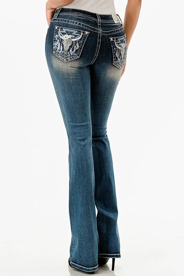 Grace In LA Feather Steer Head Mid-Rise Boot Cut 34"