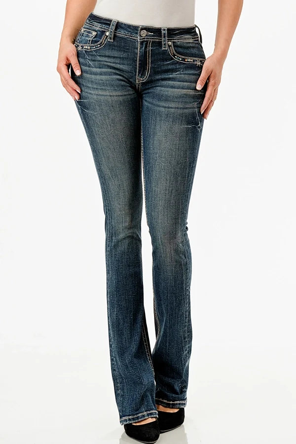 Grace In LA Indigo Steer Head Mid-Rise Boot Cut Jeans 30"