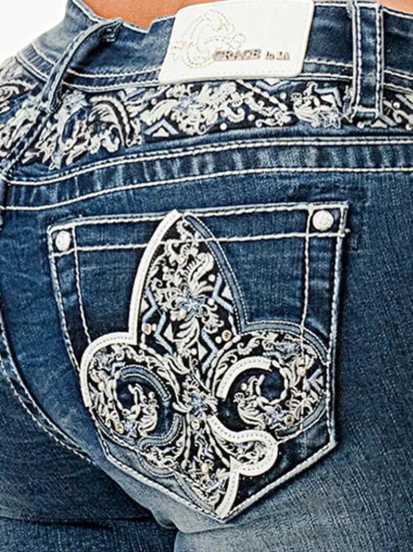 Grace In LA Fleur-De-Lys Mid-Rise Boot Cut Jeans 30"
