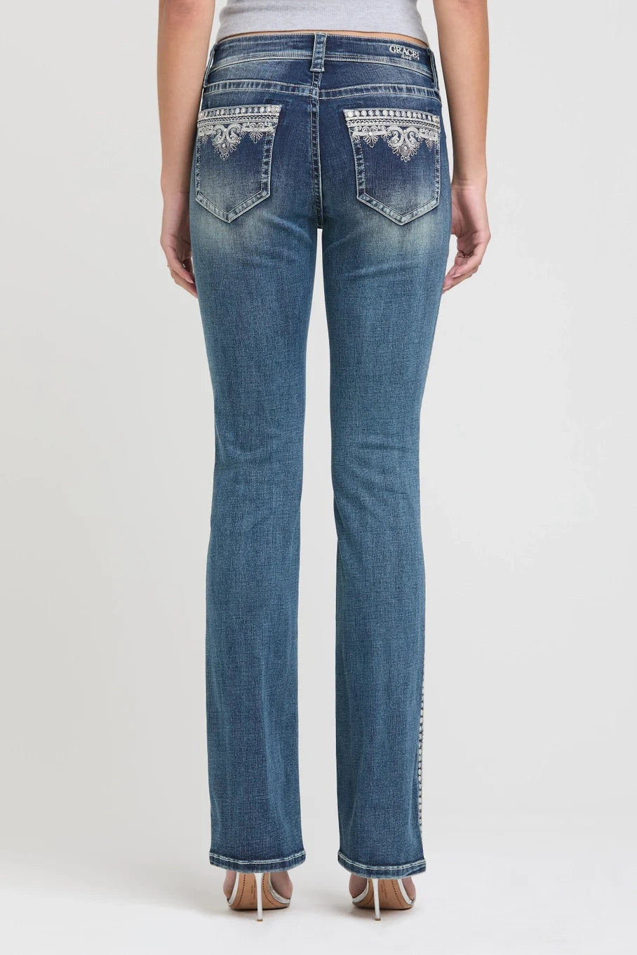 Grace in LA Side Embroidery Mid Rise Boot Cut Jeans 30"