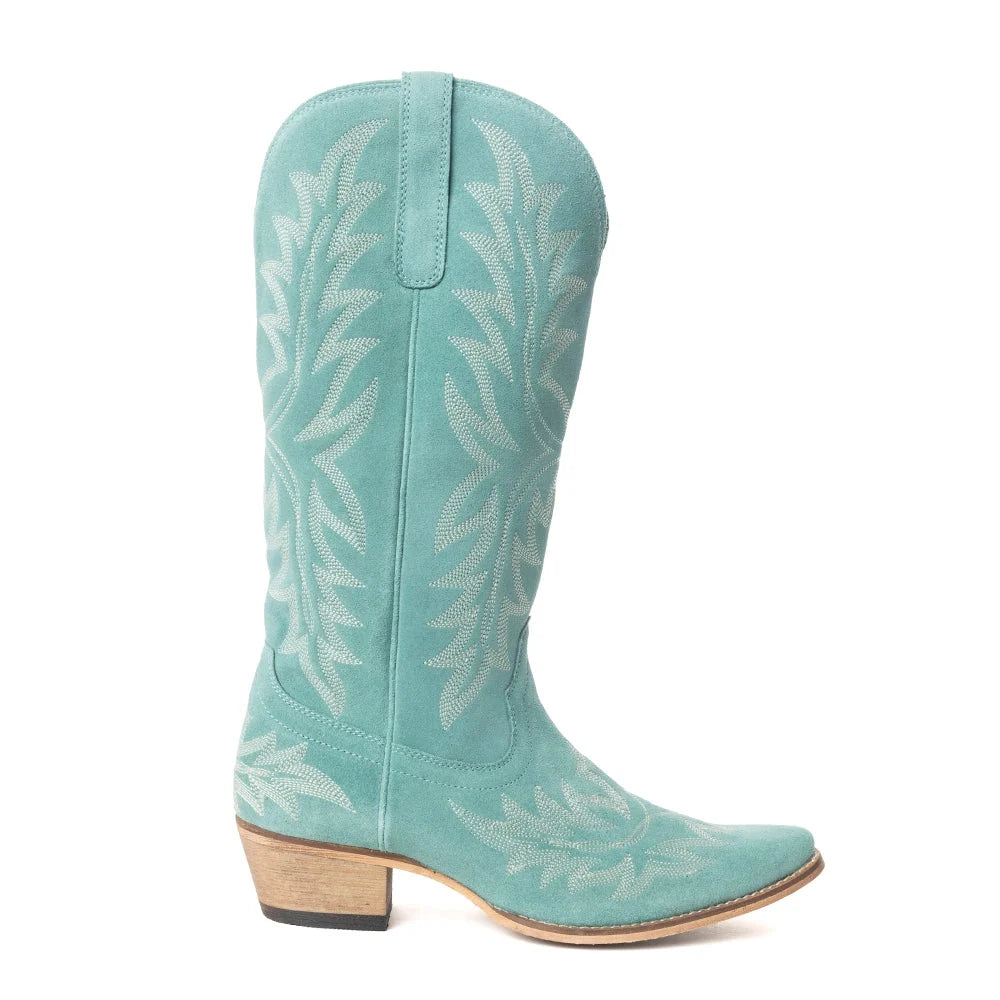 Midnight Trail Embroidered Leather Boots in Shadow Green