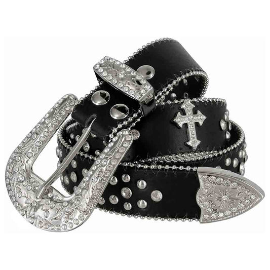 Y2K Black Cross Stones with Studs and White Stones Studded Rhinestones Belts