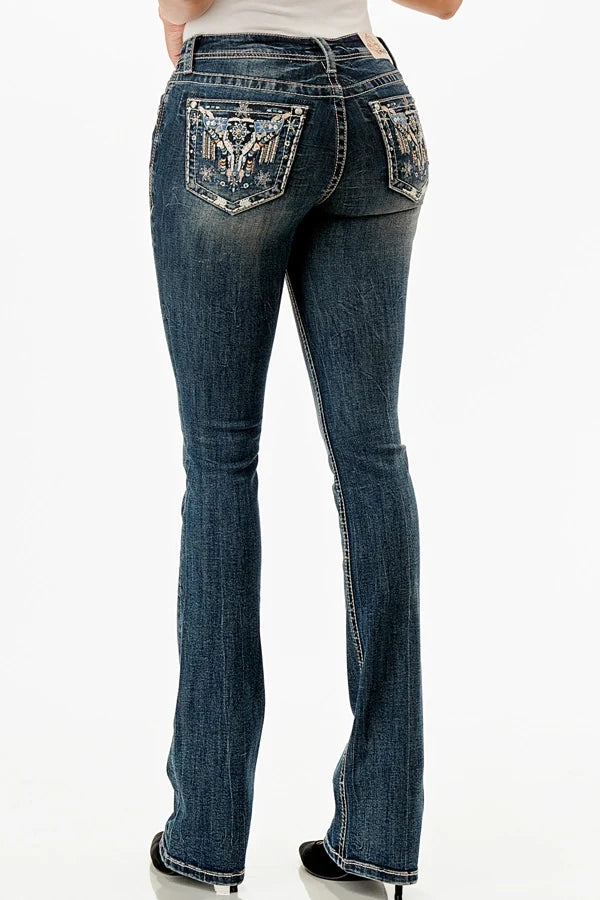 Grace In LA Indigo Steer Head Mid-Rise Boot Cut Jeans 30"