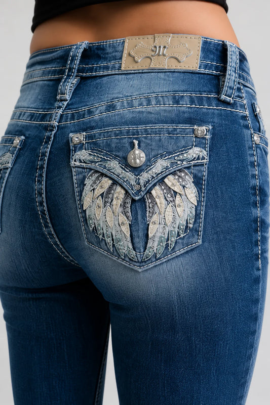 Miss Me Angel Feather Mid-Rise Bootcut Jeans 32"
