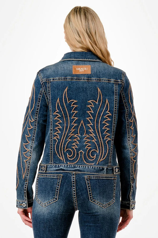 Flame Stitch Embroidery Denim Jacket