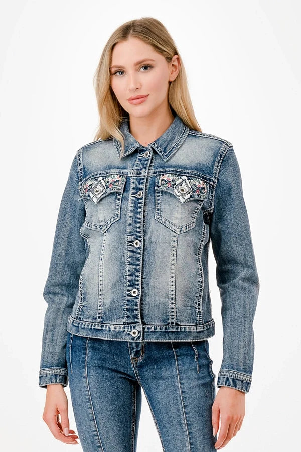 Steer Head Floral Embroidery Detail Denim Jacket