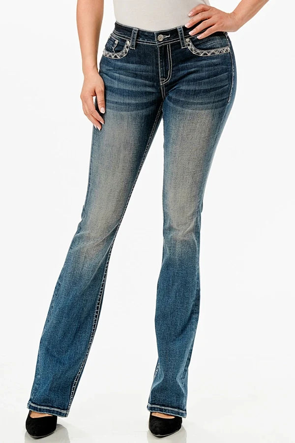 Grace In LA Feather Steer Head Mid-Rise Boot Cut 34"