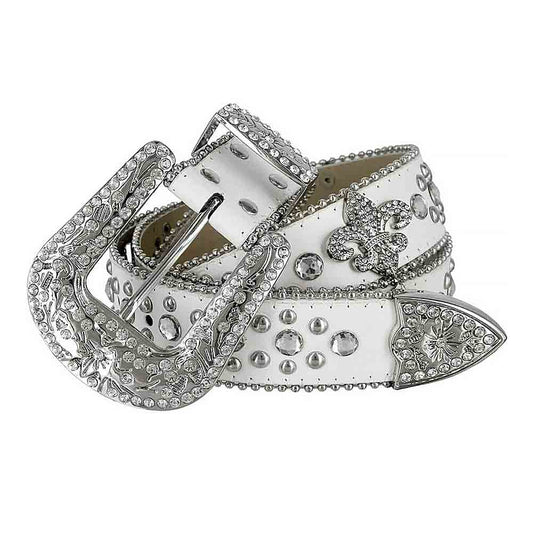 Y2K White Fleur De Lys with Studs and White Stones Studded Rhinestones Belt