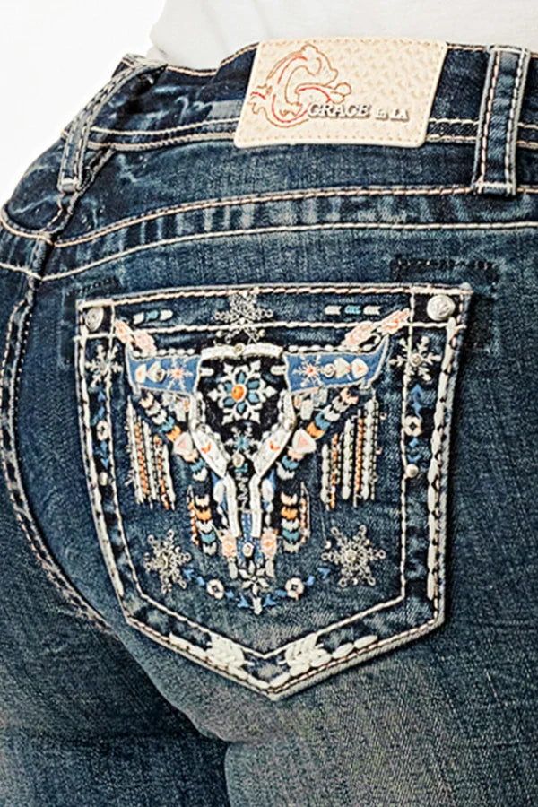 Grace In LA Indigo Steer Head Mid-Rise Boot Cut Jeans 30"
