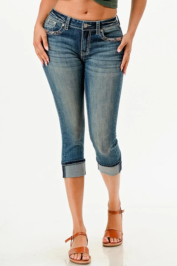 Grace in LA Border Embroidered Mid-Rise Capri Jeans