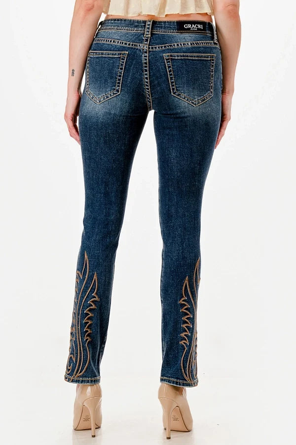 Grace in LA Flame Stitch Detail Straight Leg Jeans 30"