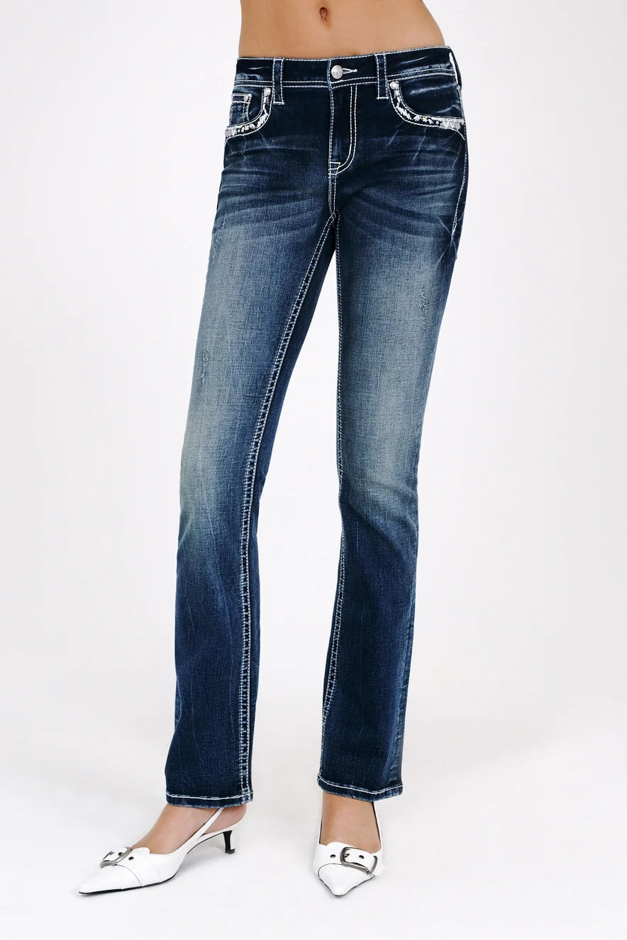 Grace In LA Heavy Stitch Embroidery Mid-Rise Boot Cut Jeans 30"