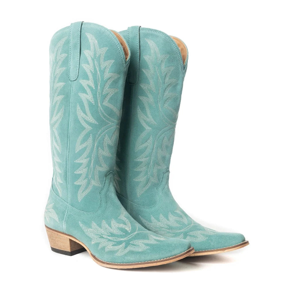 Midnight Trail Embroidered Leather Boots in Shadow Green