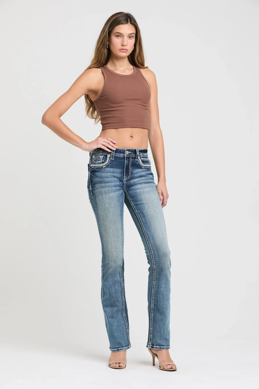 Cross/Horse Hide Detail Mid-Rise Boot Cut Jeans 34"
