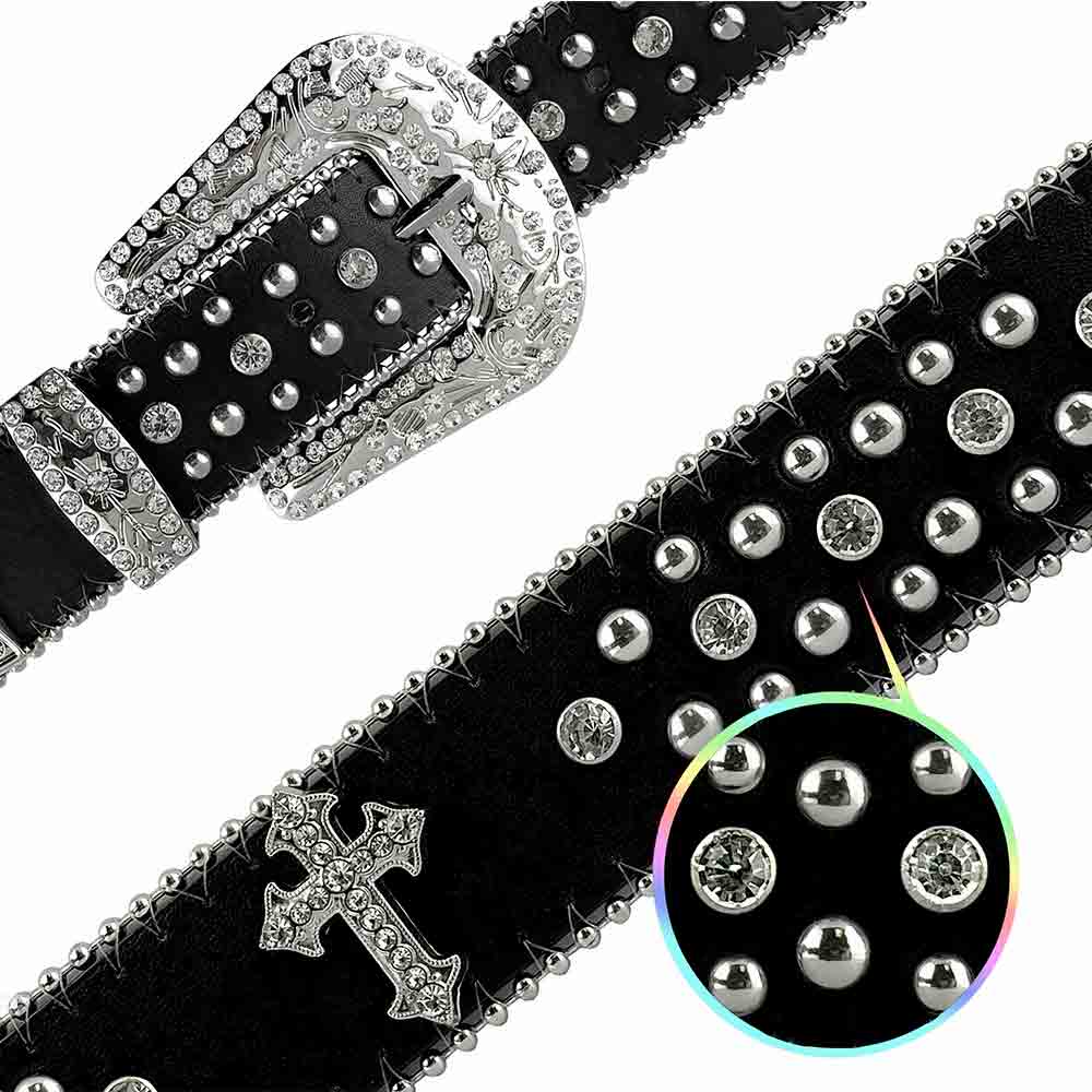 Y2K Black Cross Stones with Studs and White Stones Studded Rhinestones Belts