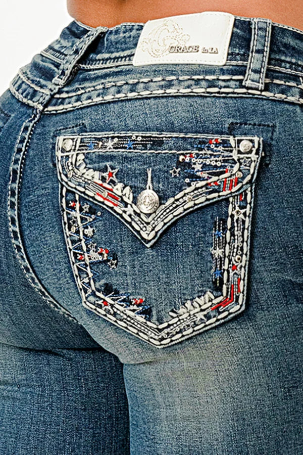 Grace in LA Border Embroidered Mid-Rise Capri Jeans