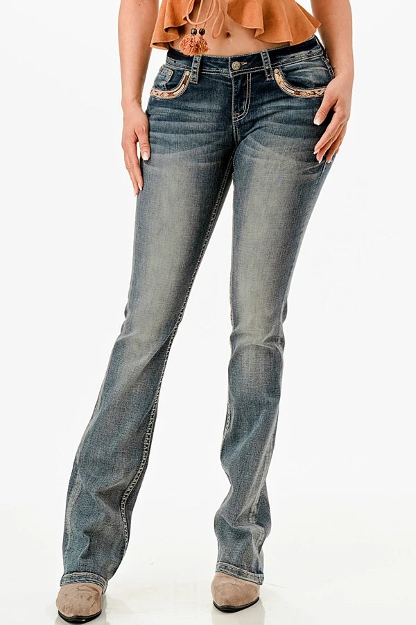 Grace In LA Horse Hide Faux Pocket Mid-Rise Boot Cut 32"