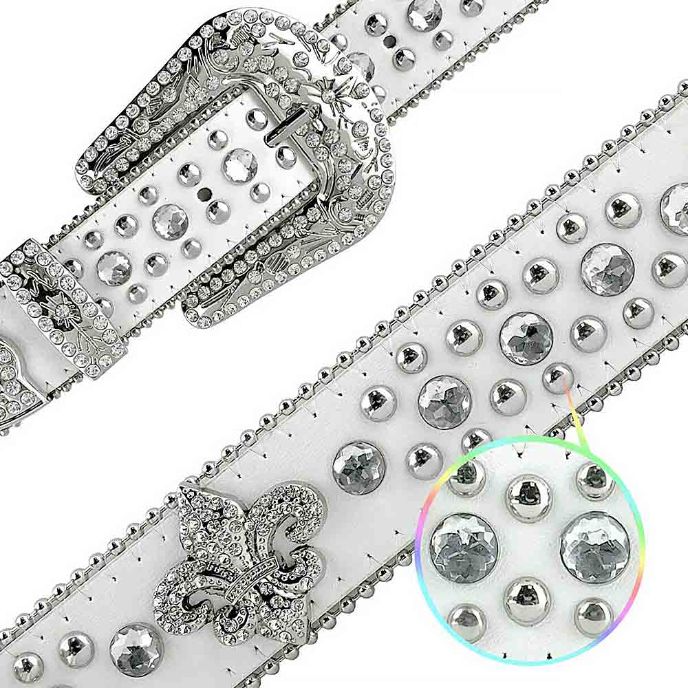 Y2K White Fleur De Lys with Studs and White Stones Studded Rhinestones Belt