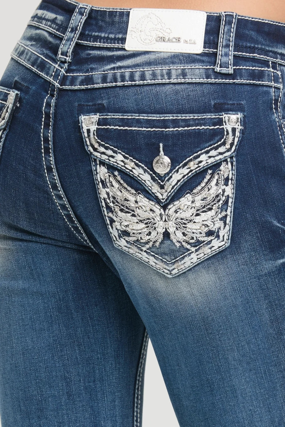 Grace In LA Wing Faux Flap Mid-Rise Boot Cut Jeans 32"