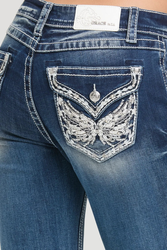 Grace In LA Wing Faux Flap Mid-Rise Boot Cut Jeans 32"