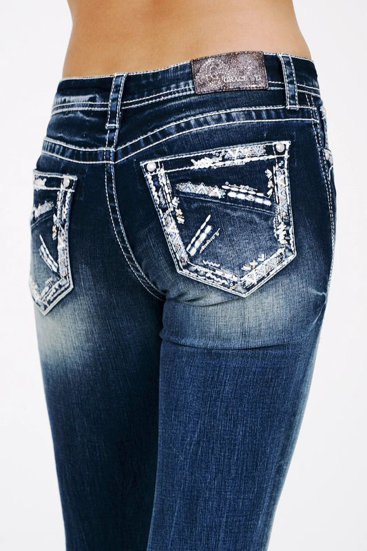 Grace In LA Heavy Stitch Embroidery Mid-Rise Boot Cut Jeans 30"
