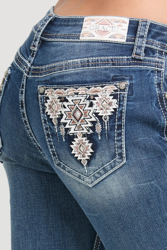 Grace in LA Aztec Mid-Rise Boot Cut Jeans 30"