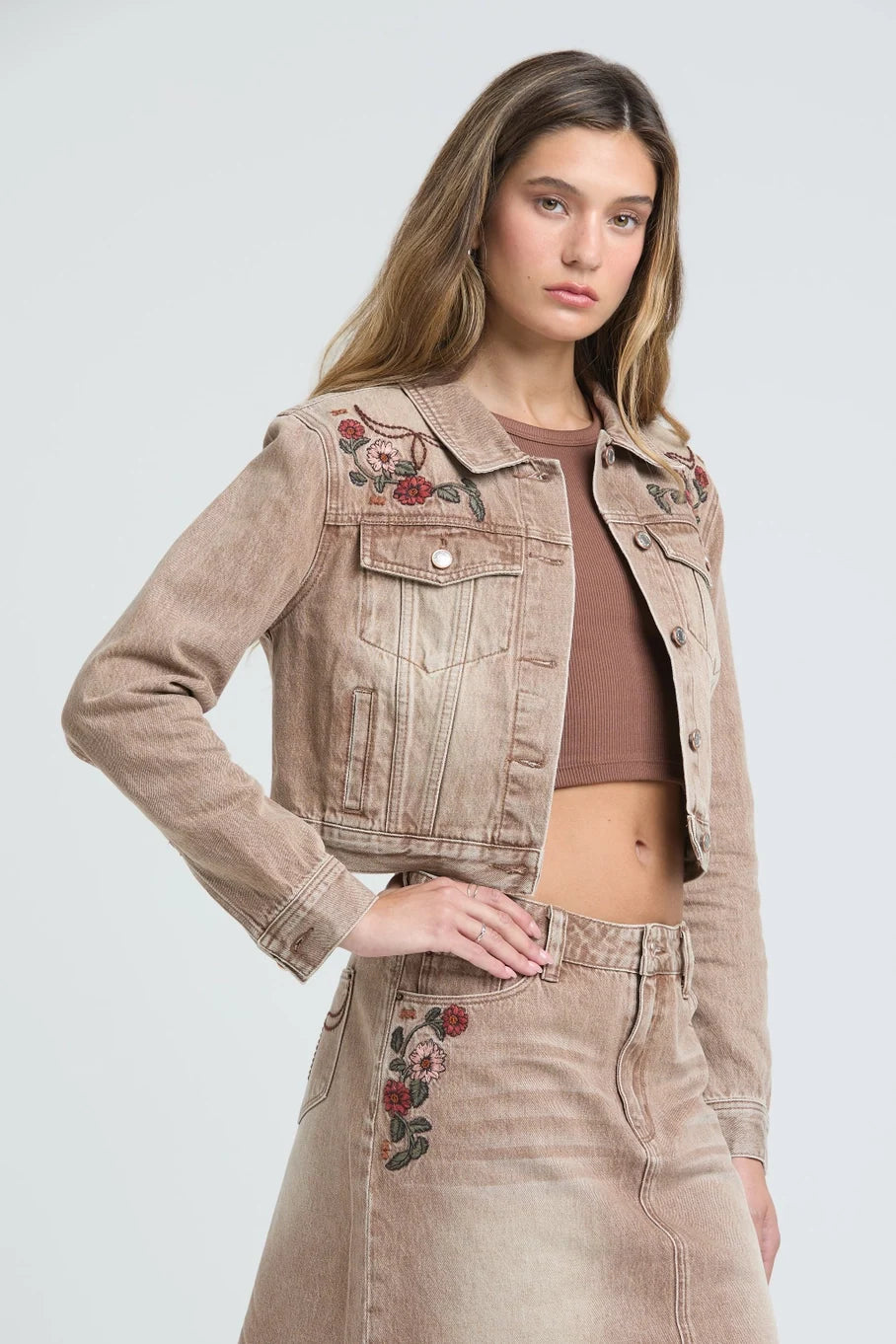Western Embroidery Camel Denim Jacket