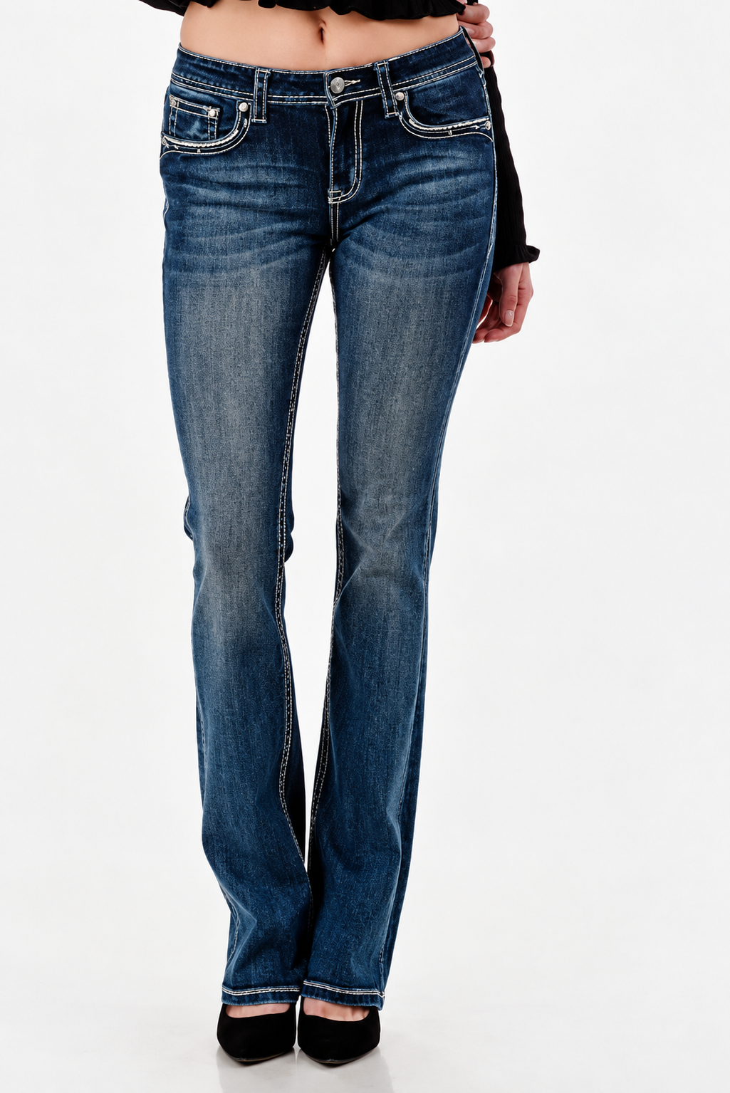 Grace In LA Indigo Cross Mid-Rise Boot Cut Jeans 32"