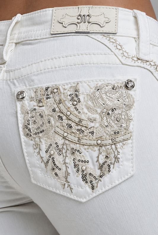 Miss Me Winter White Sparkles Mid-Rise Boot Cut Jeans 30"