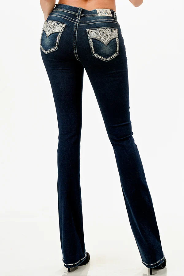 Grace In LA Silver Heart Embroidered Pocket Boot Cut Jeans 34"