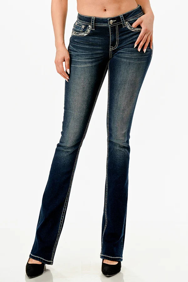 Grace In LA Silver Heart Embroidered Pocket Boot Cut Jeans 34"