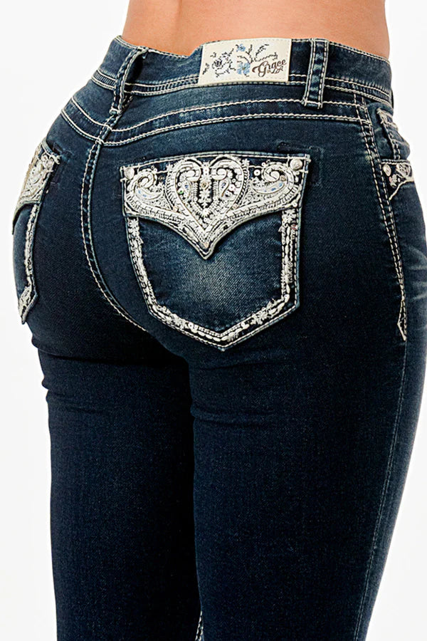 Grace In LA Silver Heart Embroidered Pocket Boot Cut Jeans 34"