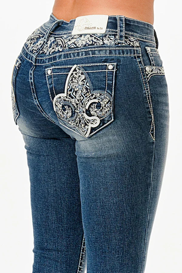 Grace In LA Fleur-De-Lys Mid-Rise Boot Cut Jeans 30"