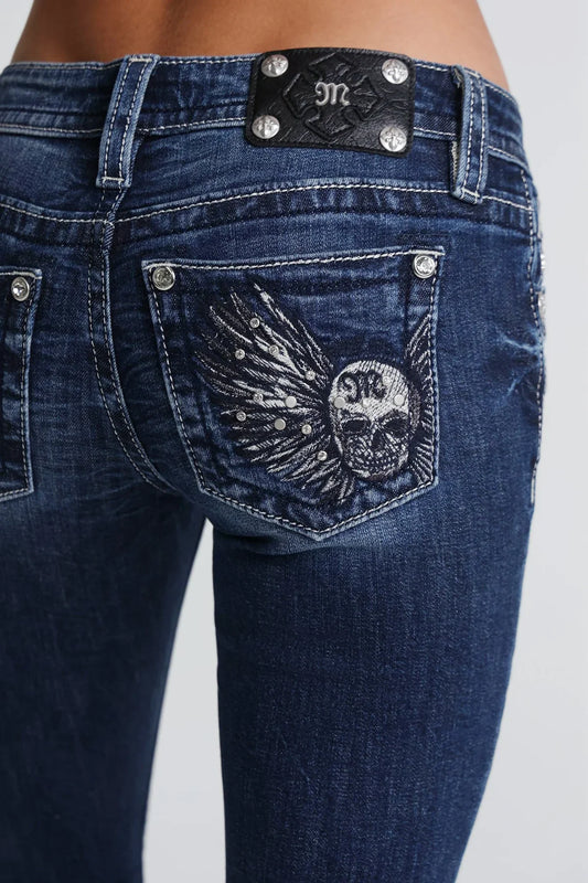 Miss Me Skull Sparkle Low Rise Bootcut Jeans 32"