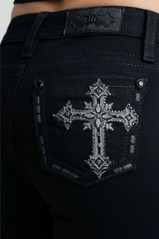 Miss Me Black Cross Mid-Rise Bootcut Jeans 30"