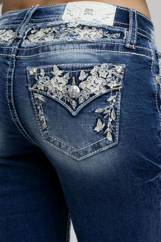 Miss Me Floral Sparkle Mid-Rise Boot Cut Jeans 30"